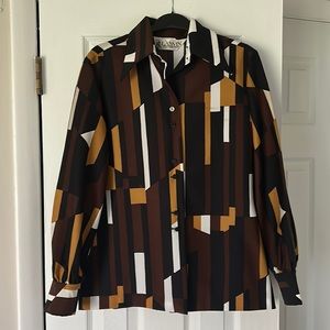 Vintage Lanvin Groovy Geometric Print Button Down Shirt Blouse 60s 70s Size 12